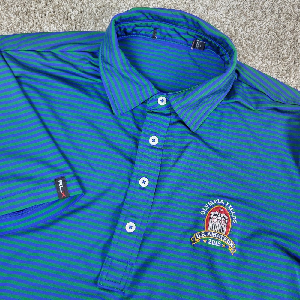 RLX Ralph Lauren Mens Large Blue Green Striped Performance Stretch Golf Polo SS‎